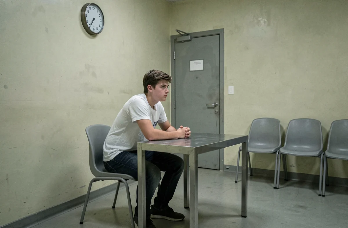 Adolescent seul dans une salle d'attente de commissariat illustrant les enjeux juridiques de l'audition de mineurs