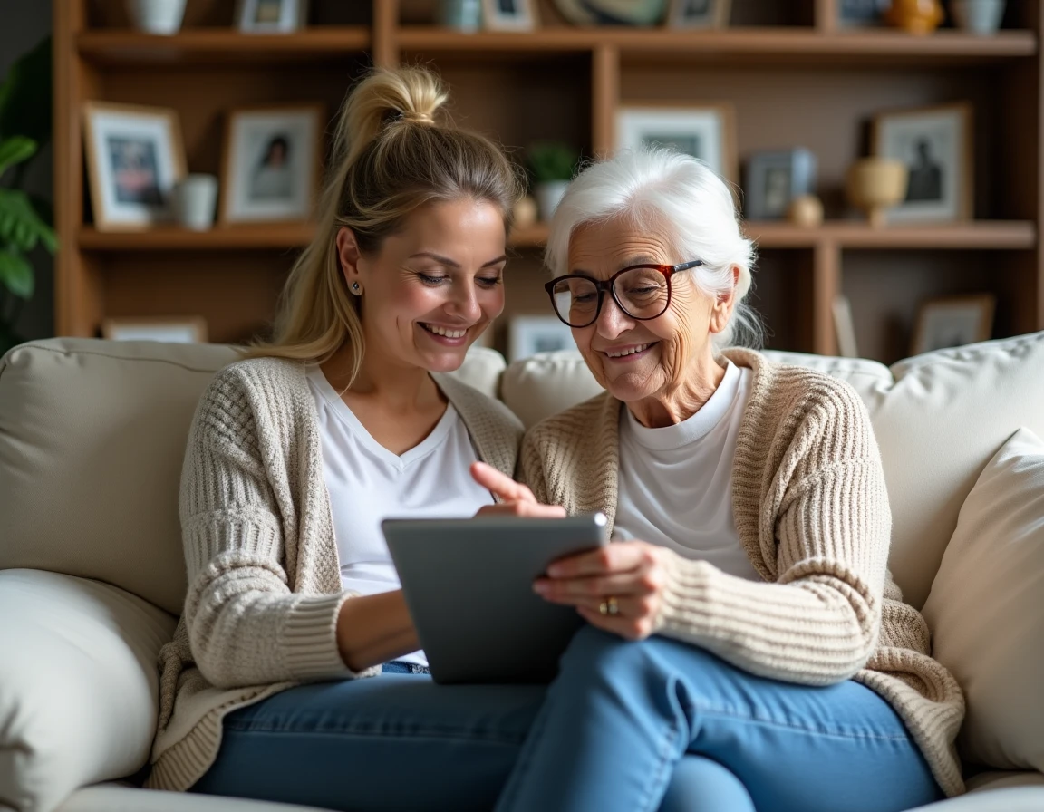 Une fille aide sa mère senior à utiliser une tablette numérique dans un salon chaleureux, conseils pratiques pour parents