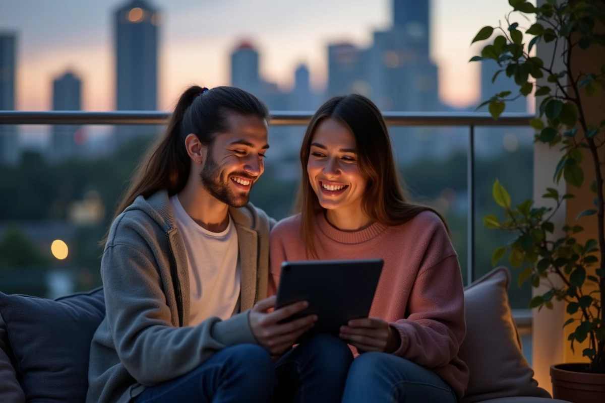 Deux amis souriants avec tablette sur balcon urbain