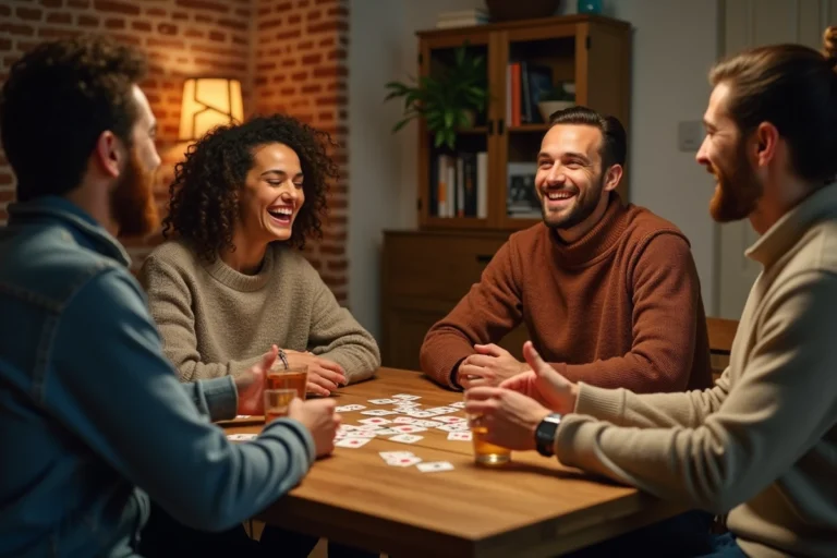Quatre amis rient autour d'une table de jeu conviviale