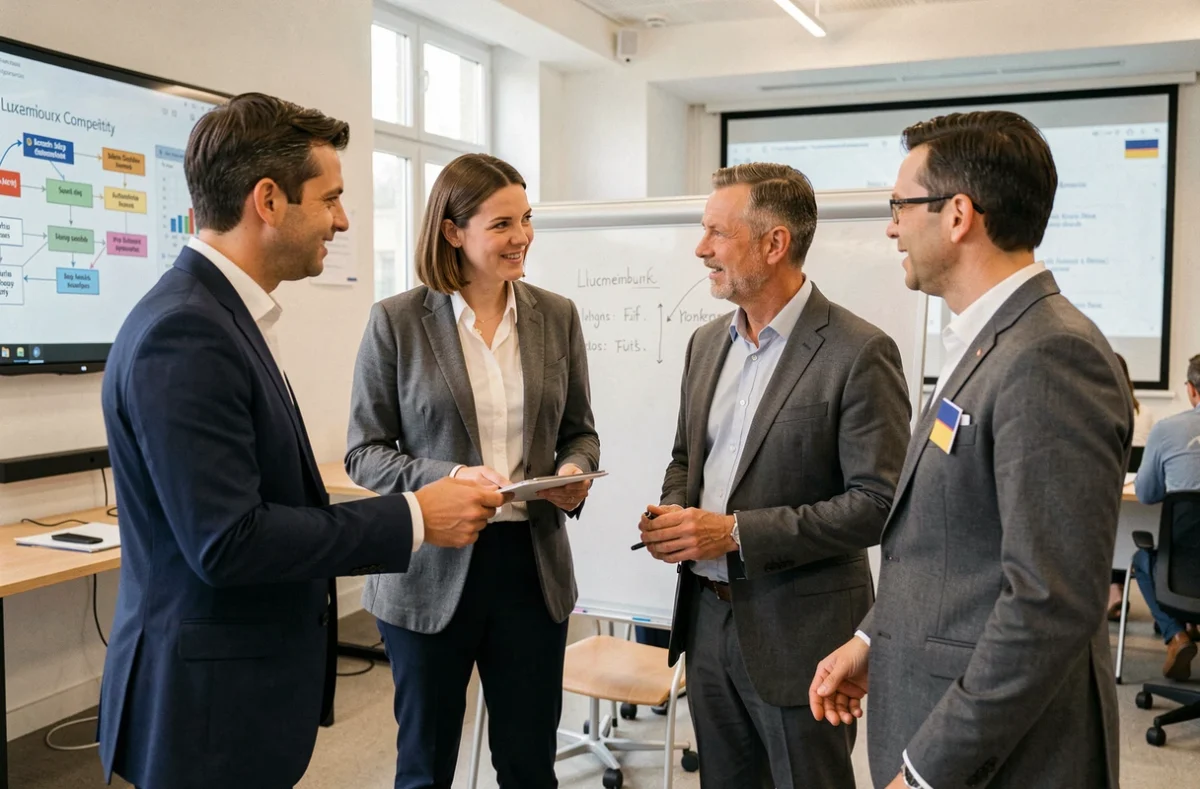 Groupe de professionnels adultes collaborant lors d'un atelier de développement des compétences au Luxembourg