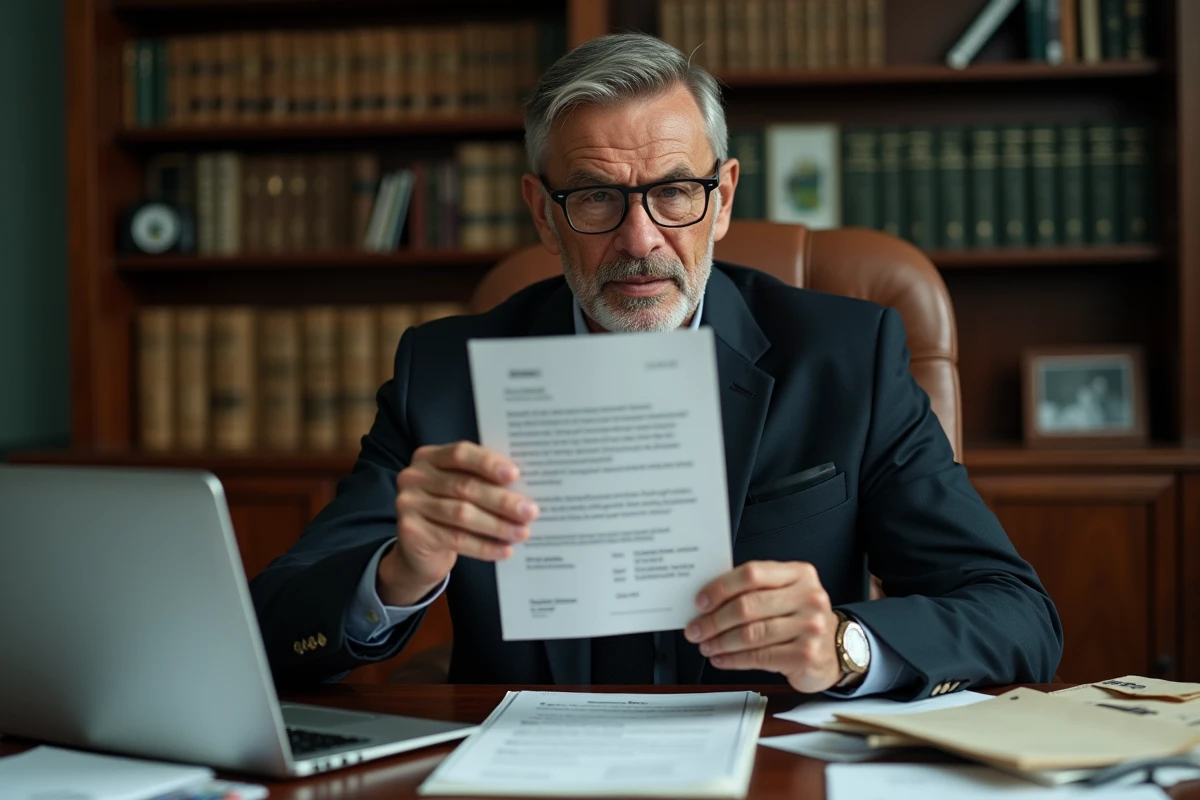 Avocat examinant un document de créance suspecte dans son bureau juridique