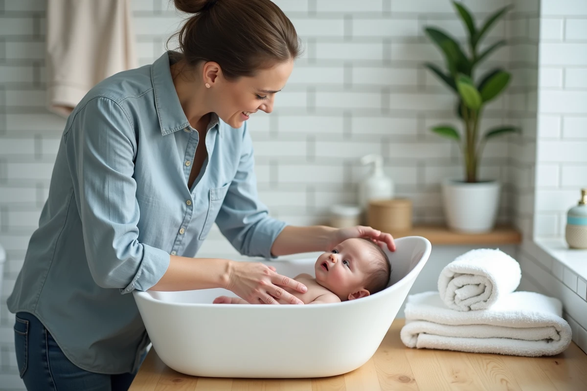 Mère donnant le bain à son bébé dans une baignoire ergonomique sur un plan de travail en bois dans une salle de bain lumineuse