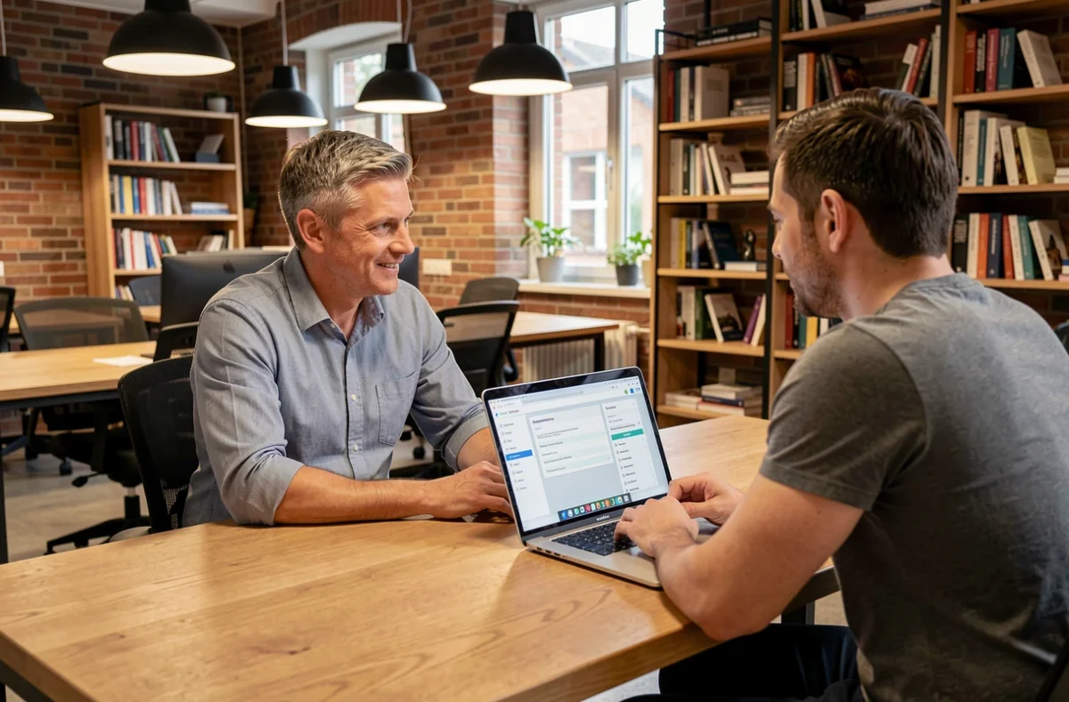Homme en séance de coaching professionnel individuel dans un espace de coworking au Luxembourg