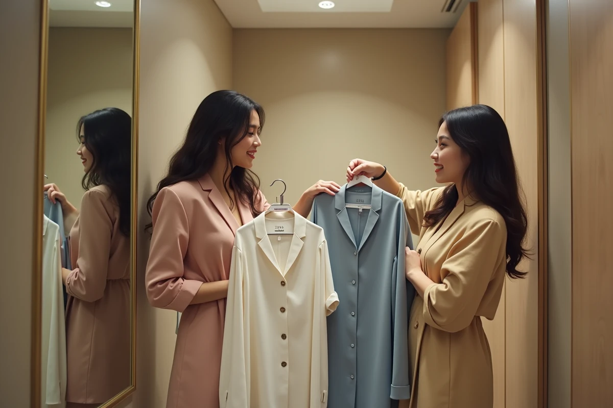 Deux femmes comparant des tailles de vêtements Zara dans un couloir de cabines d'essayage