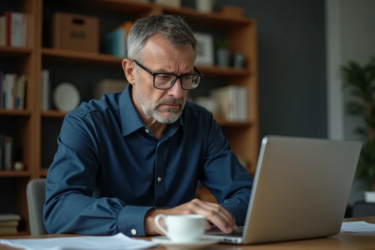 Homme inquiet devant son ordinateur face à la suspension de son compte Cetelem