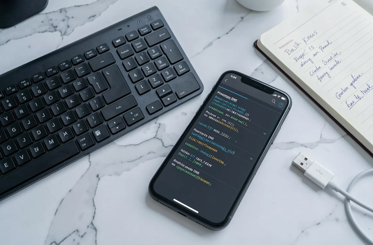 Configuration DNS sur smartphone posé sur un bureau blanc avec clavier pour contourner les restrictions internet