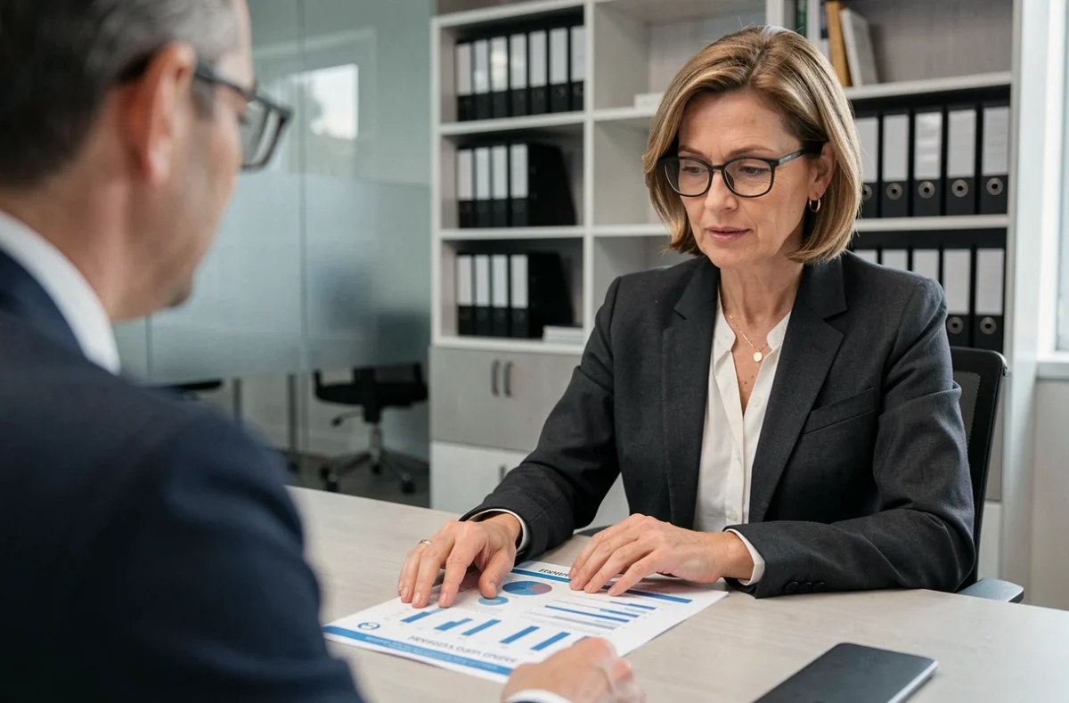 Conseillère financière présentant une stratégie de retraite à un client dans un bureau professionnel moderne