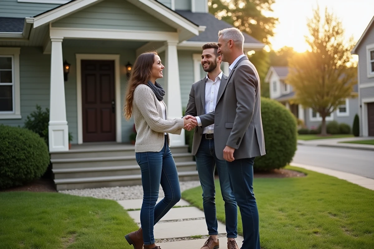 Jeune couple souriant avec agent immobilier devant maison neuve