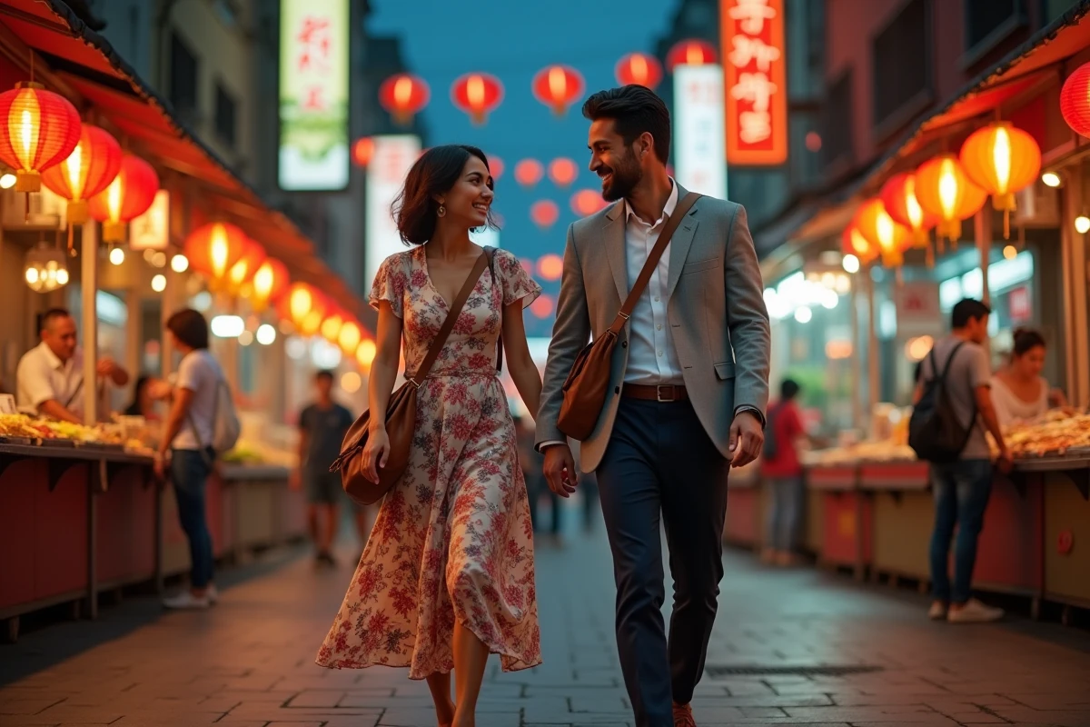 Couple stylé se promenant dans un marché nocturne asiatique animé avec lanternes et stands colorés