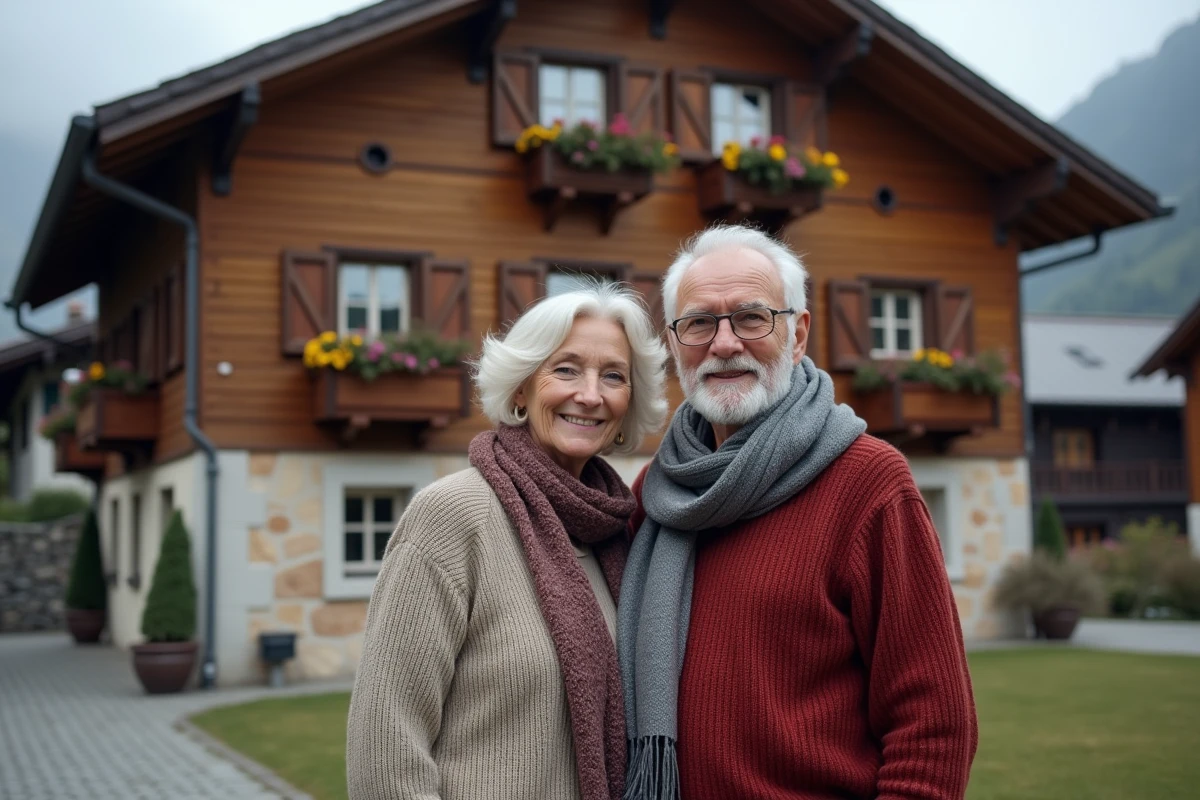 Couple de parents en tenue alpine devant un chalet traditionnel du Tyrol du Sud avec les Dolomites en arrière-plan