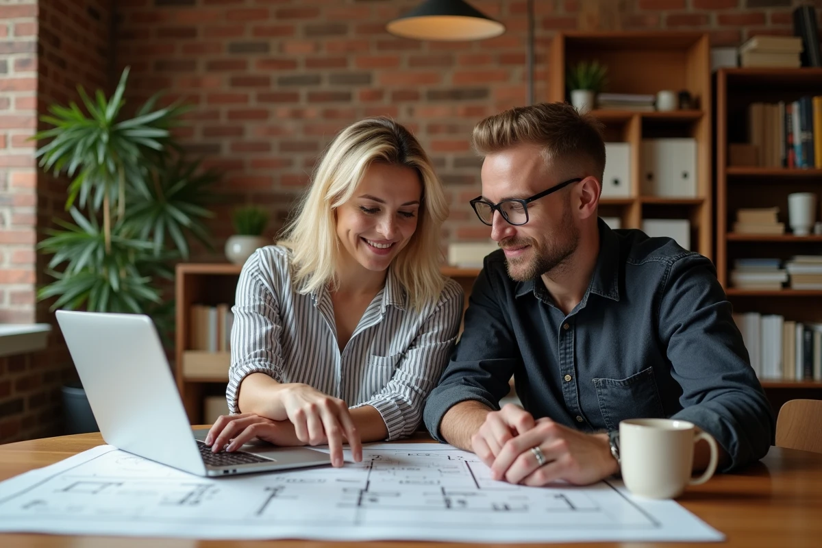 Couple consultant des plans de rénovation à domicile avec échantillons de matériaux et conseils habitat
