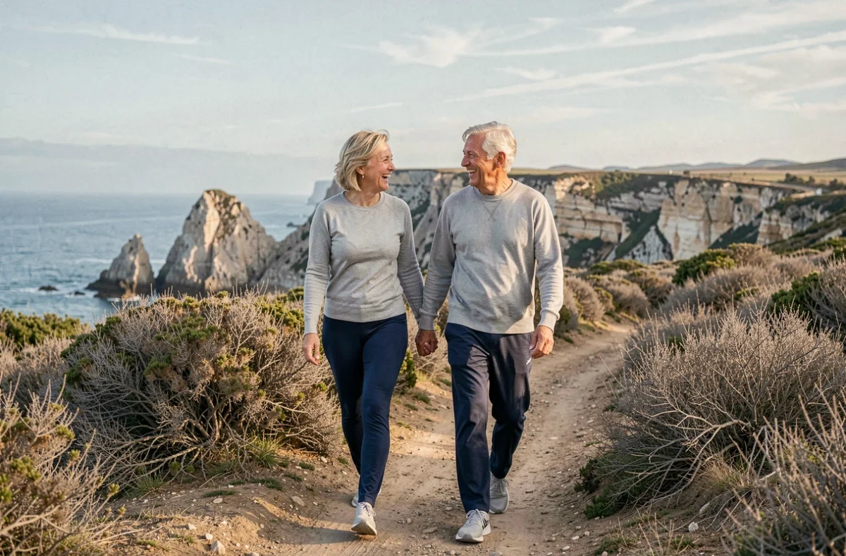 Un couple de seniors actifs se promenant et riant sur un sentier côtier lors de leur retraite