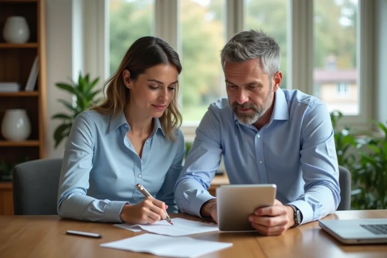 Couple d'adultes en réunion dans un bureau moderne