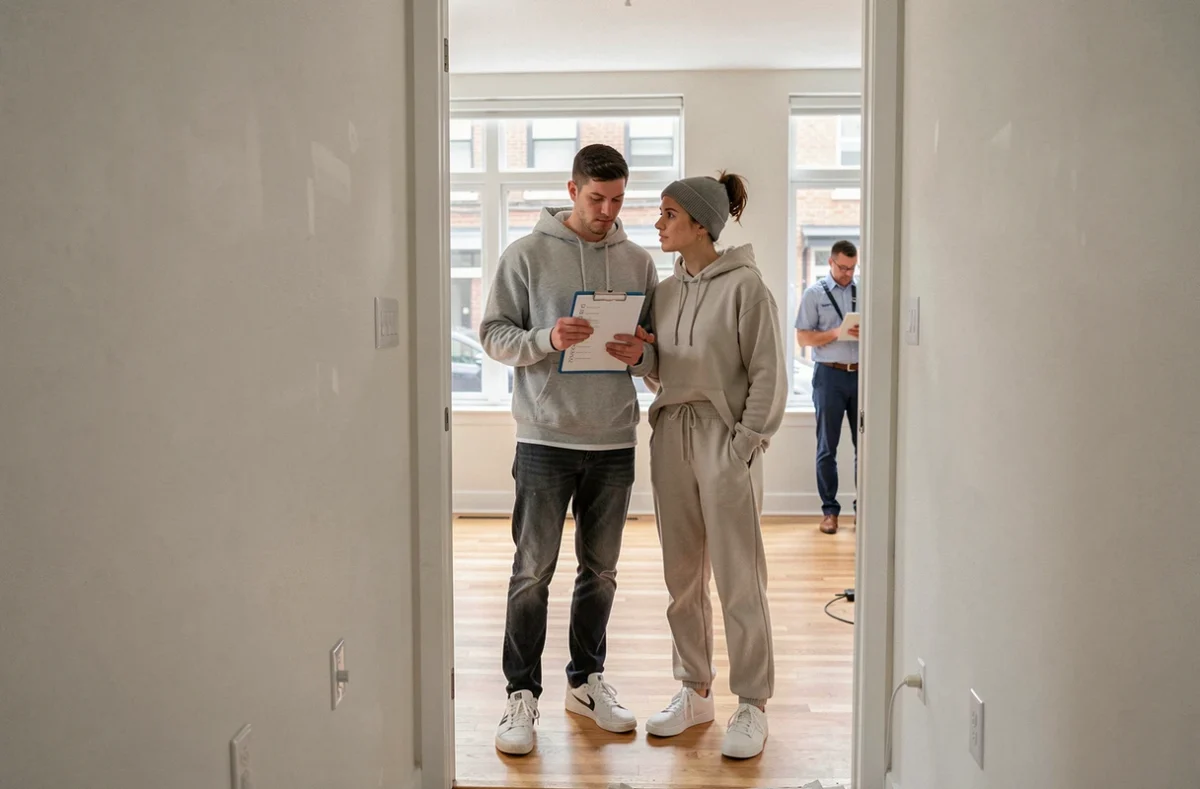 Couple visitant un appartement vide avec une liste de vérification lors d'une visite locative