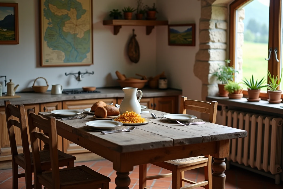 Cuisine familiale rustique du Tyrol du Sud avec table dressée de spécialités locales et cadres photos régionaux