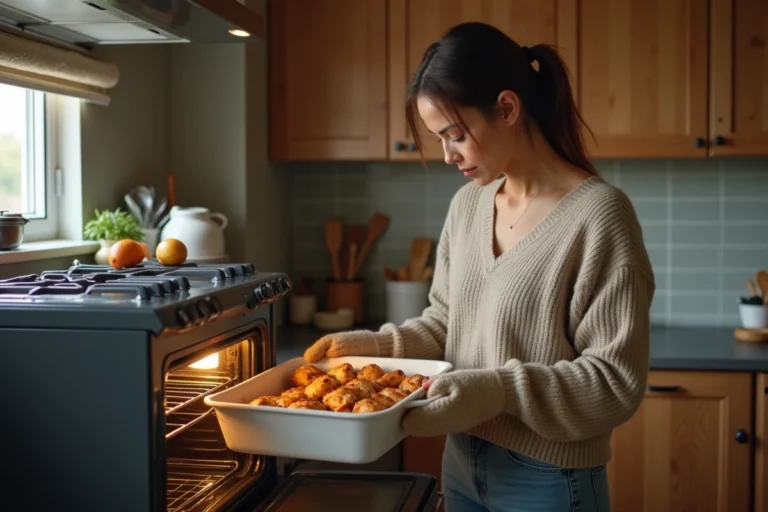 Femme en cuisine plaçant un plat de poulet cuit dans le four