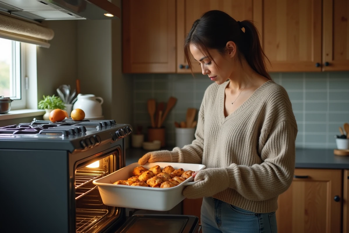 Femme en cuisine plaçant un plat de poulet cuit dans le four