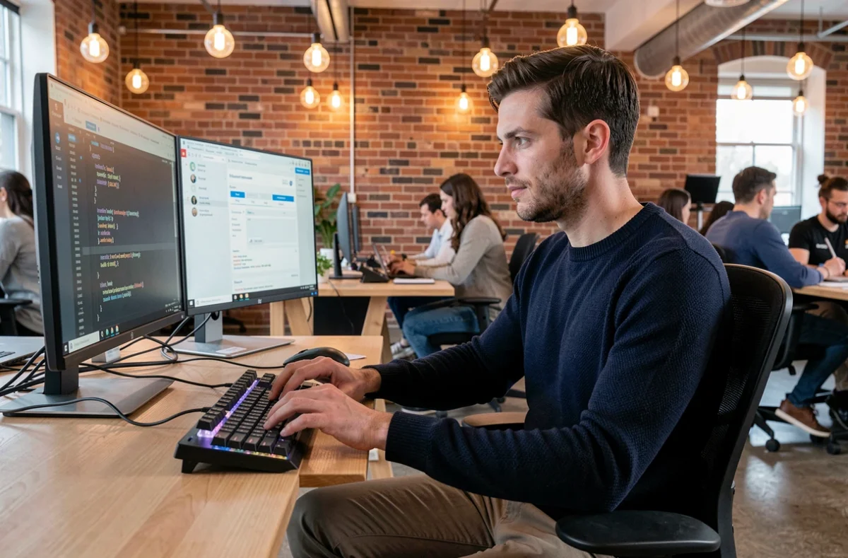 Développeur web masculin travaillant dans un espace de coworking animé, symbolisant les opportunités de carrière en ligne