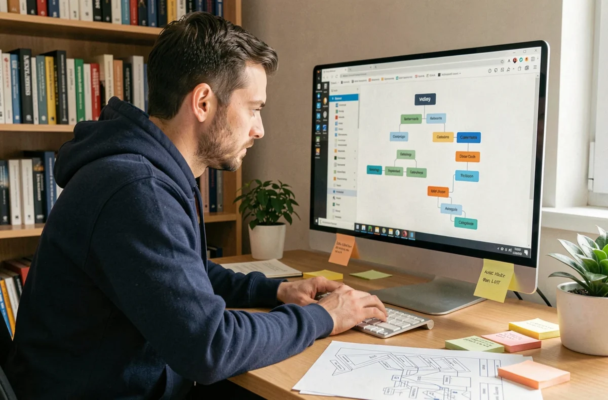 Développeur web consultant une page sitemap structurée pour un site automobile sur son bureau à domicile