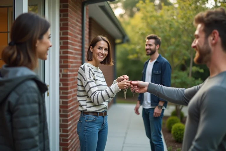 Femme souriante remettant des clés à un couple devant une maison moderne