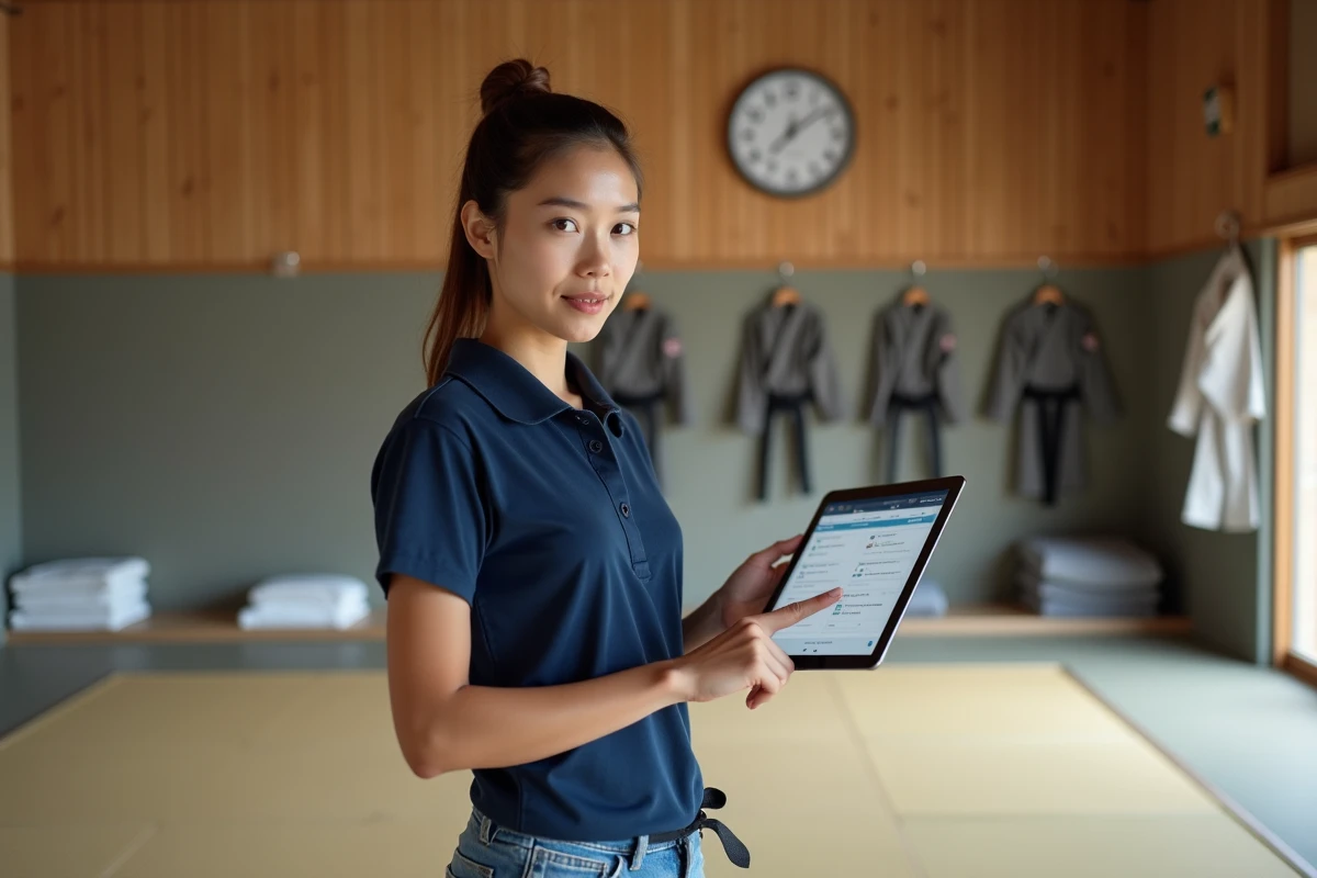 Enseignante de judo consultant une interface de gestion des licences sur une tablette dans un dojo