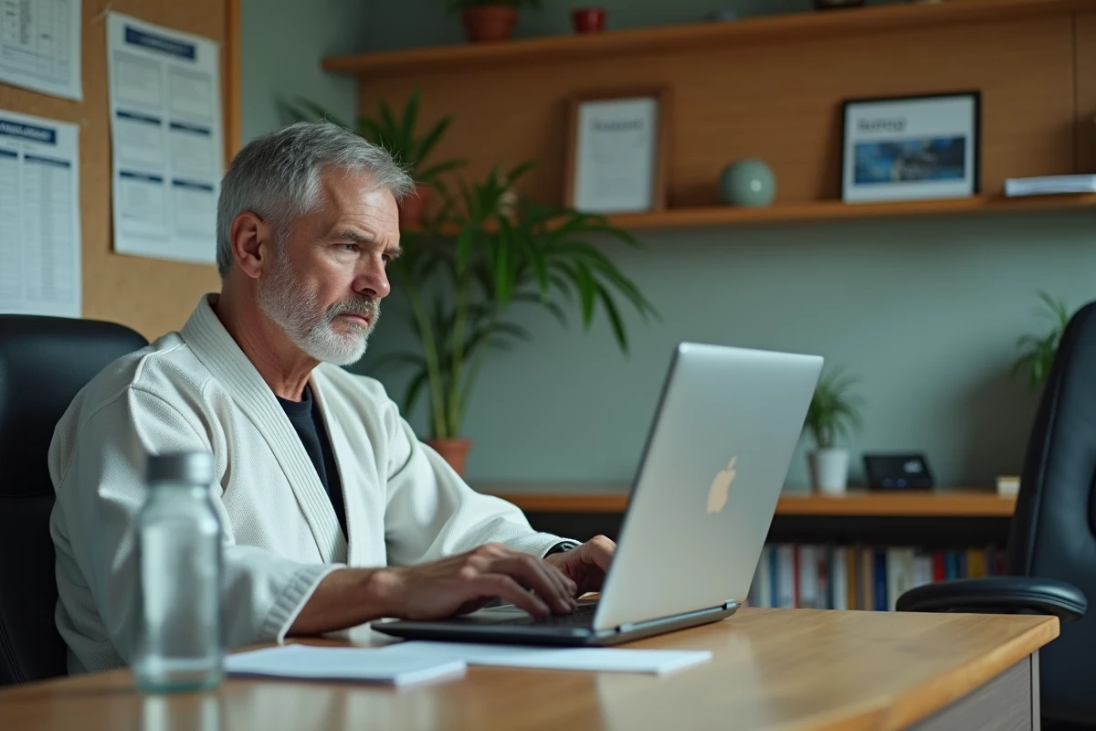 Entraîneur de judo en judogi blanc consultant l'extranet de la fédération sur un ordinateur portable dans un bureau de club
