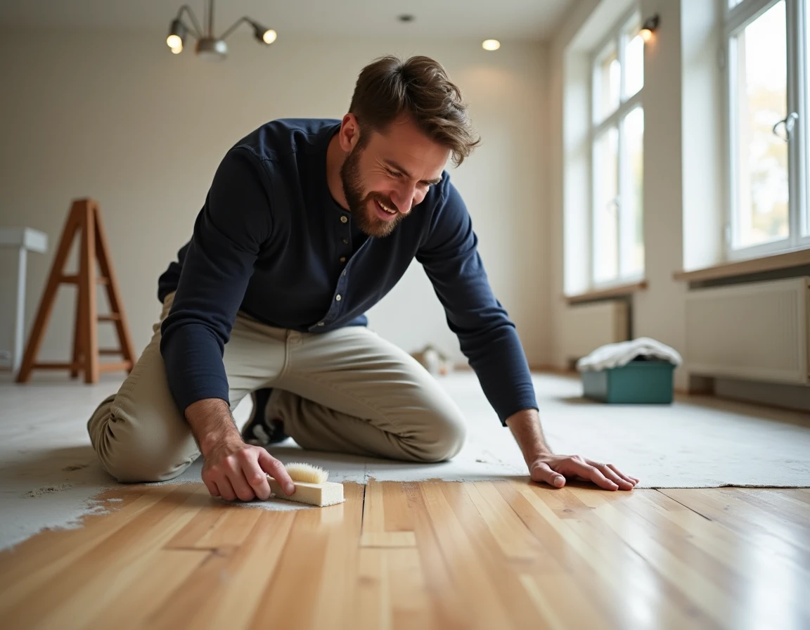 Homme appliquant un produit de protection sur un parquet en bois lors d'un projet d'entretien et rénovation de maison