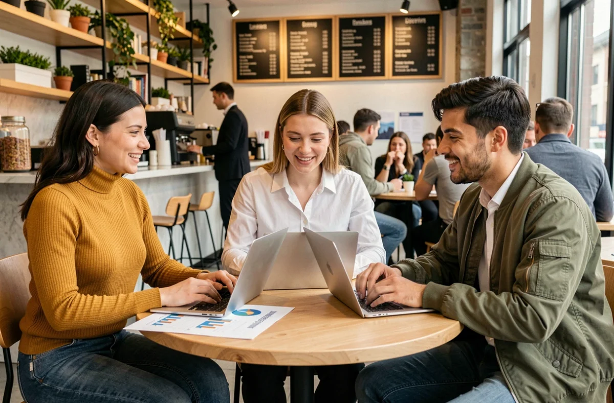 Équipe de jeunes professionnels collaborant sur des projets numériques dans un café moderne, représentant le panorama des métiers sur Internet