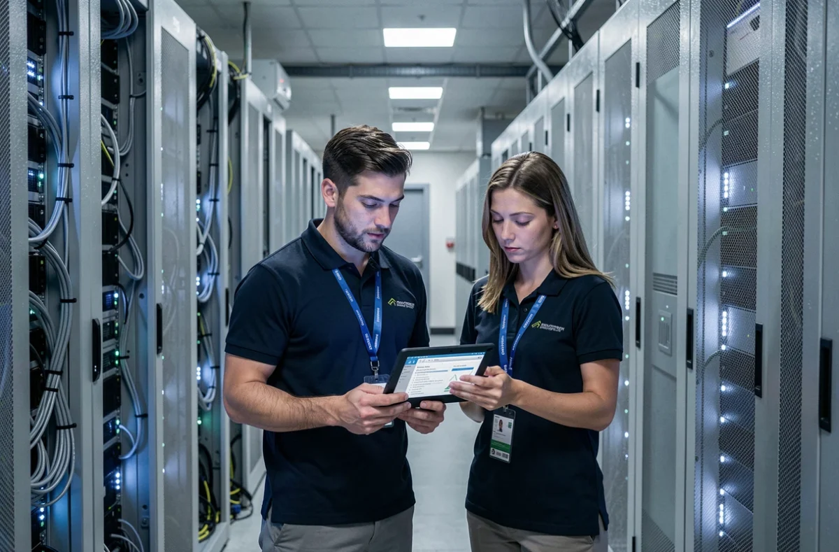 Deux experts en sécurité informatique effectuant un audit de cybersécurité dans une salle de serveurs professionnelle