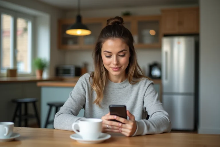 Femme consultant l'actualité sur son smartphone le matin autour d'un café