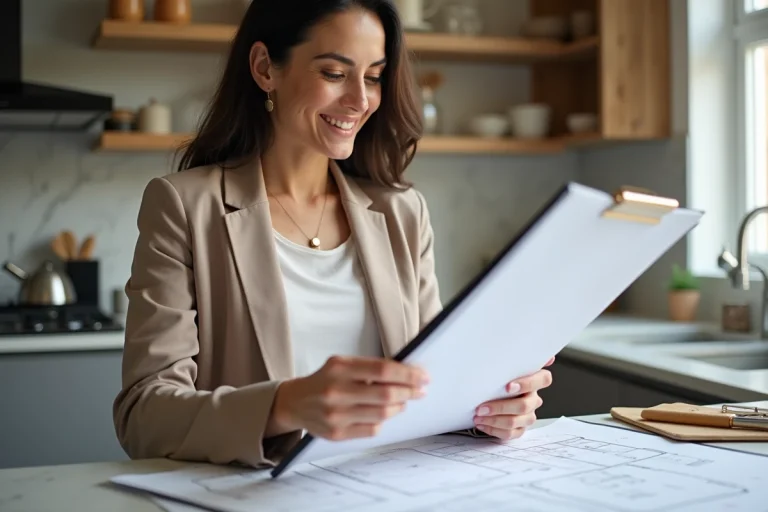 Femme en blazer examinant des plans dans une cuisine moderne