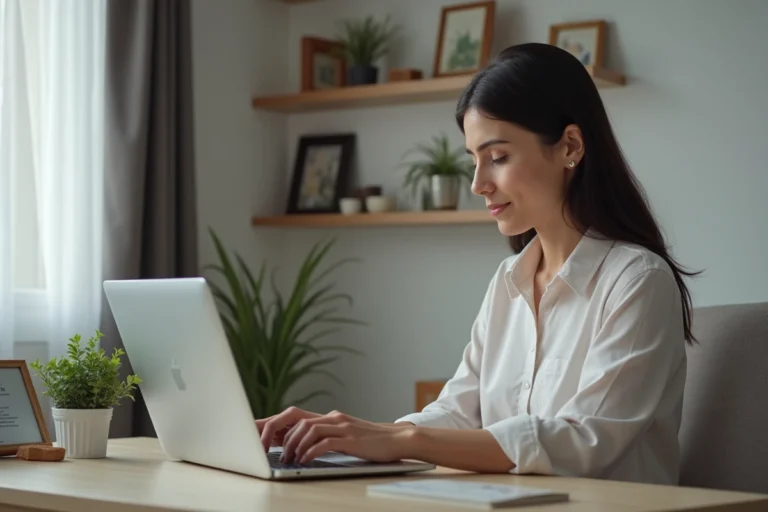 Femme au bureau consultat un site civil en ligne