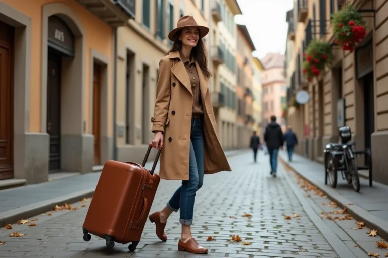 Femme élégante avec valise en cuir dans une rue pavée européenne en automne, style voyage chic