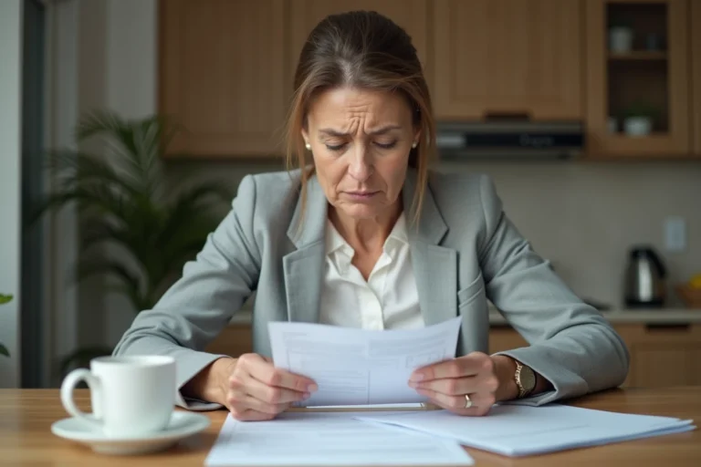 Femme inquiète lisant un courrier de fausse créance publique à sa table de cuisine
