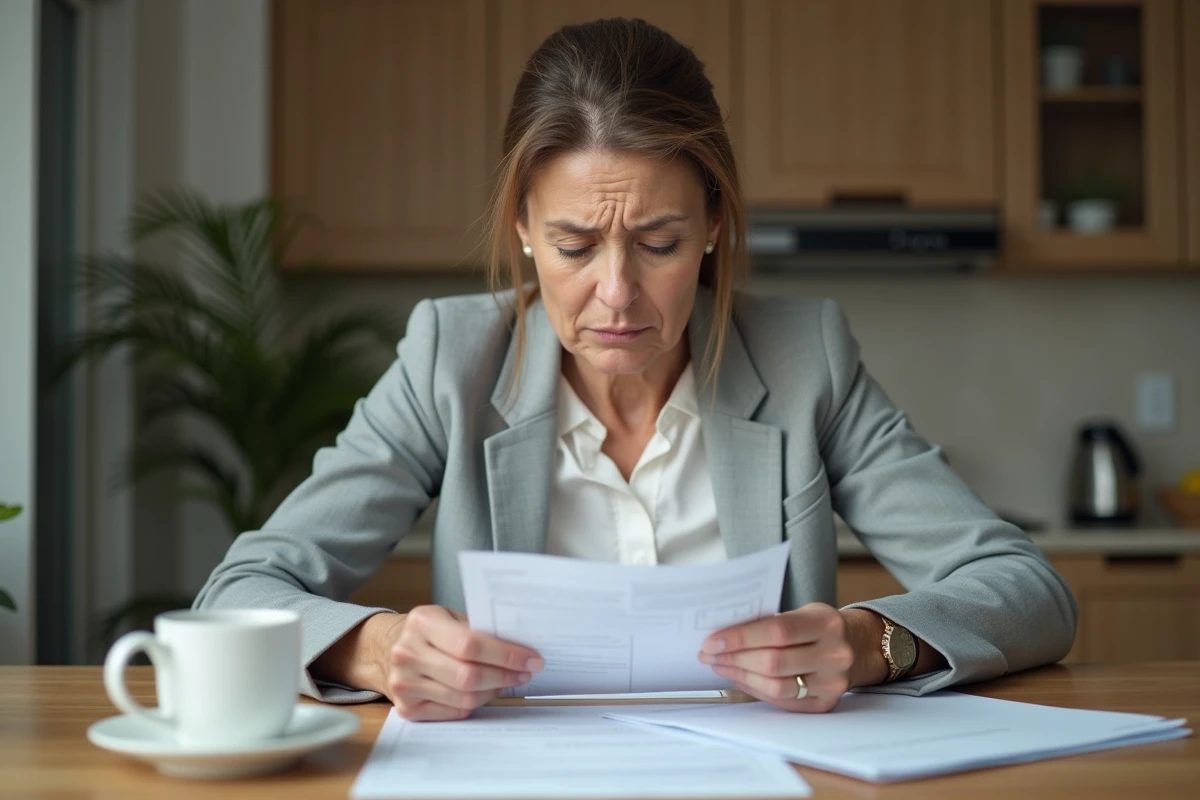 Femme inquiète lisant un courrier de fausse créance publique à sa table de cuisine
