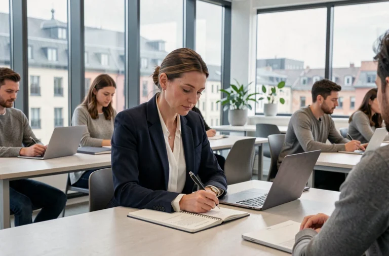 Femme professionnelle prenant des notes lors d'une formation continue dans une salle de conférence moderne au Luxembourg