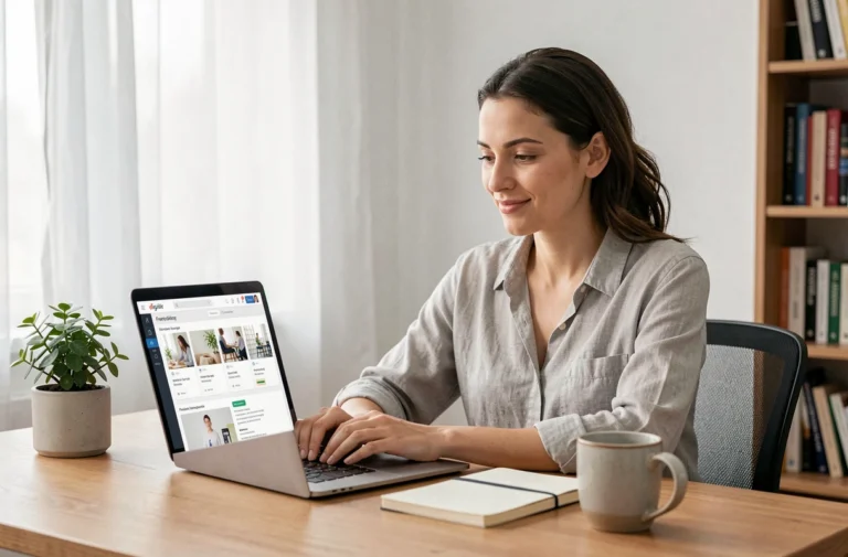 Femme freelance travaillant sur ordinateur portable dans un bureau à domicile moderne, illustrant les métiers sur Internet