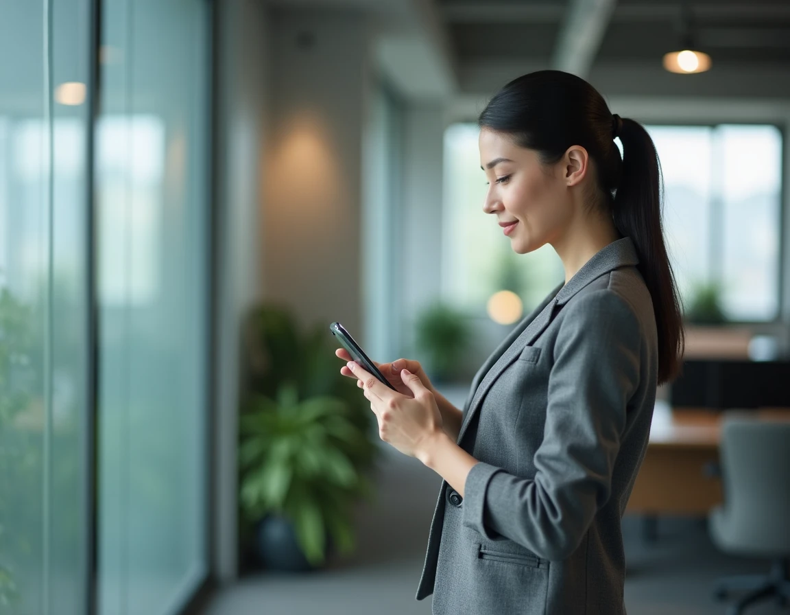 Femme en open space consultant son téléphone pour composer un numéro avec l'indicatif 04 en France