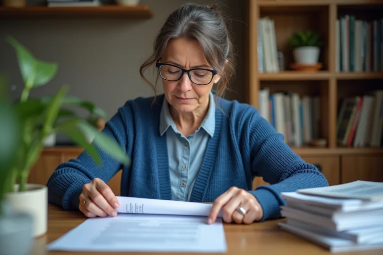 Femme en cardigan bleu décollant un document laminé dans un bureau cosy