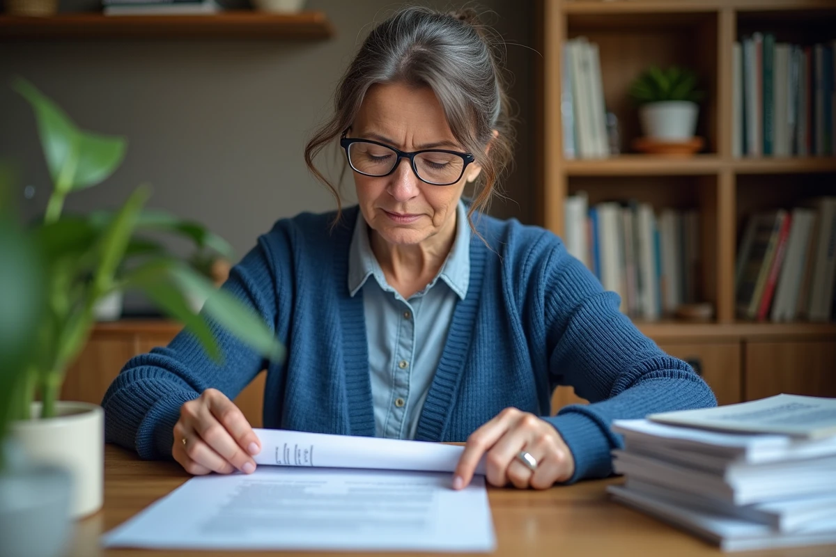 Femme en cardigan bleu décollant un document laminé dans un bureau cosy