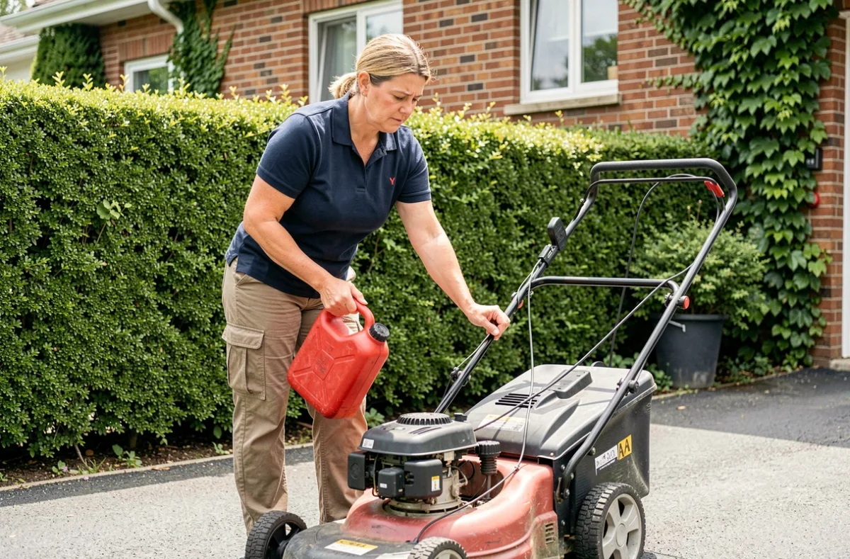 Femme faisant le plein d'essence d'une tondeuse à gazon et constatant une consommation anormalement élevée de carburant