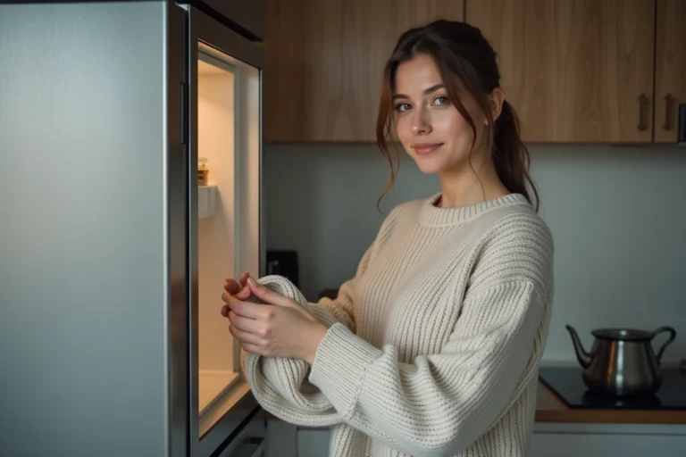 Femme plie un pull en laine dans une cuisine moderne