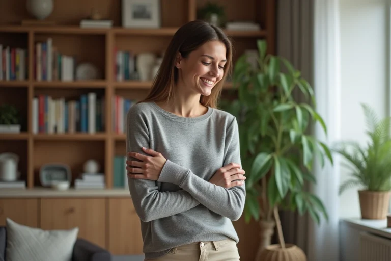 Femme en pullover en laine mérinos dans un salon chaleureux