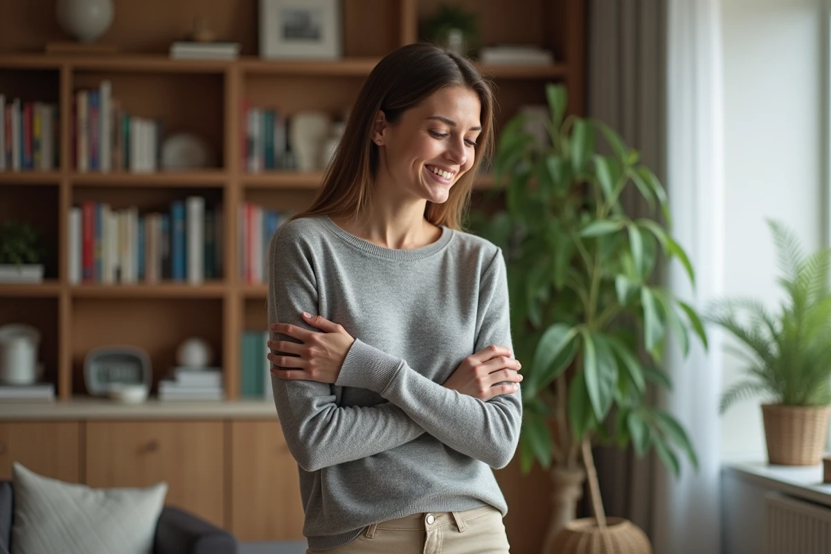 Femme en pullover en laine mérinos dans un salon chaleureux