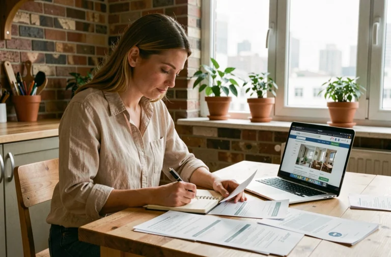 Femme consultant des annonces de location sur ordinateur portable et documents papier dans un appartement moderne