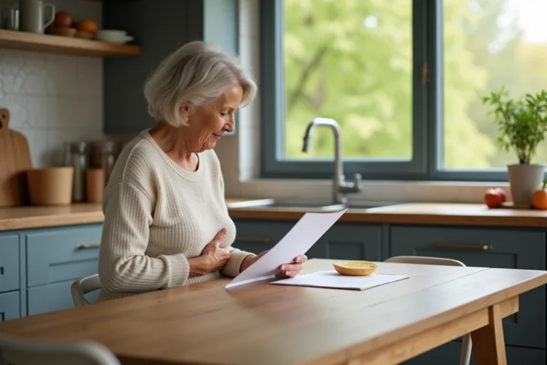 Femme de 60 ans consulte une liste d'aliments à la maison