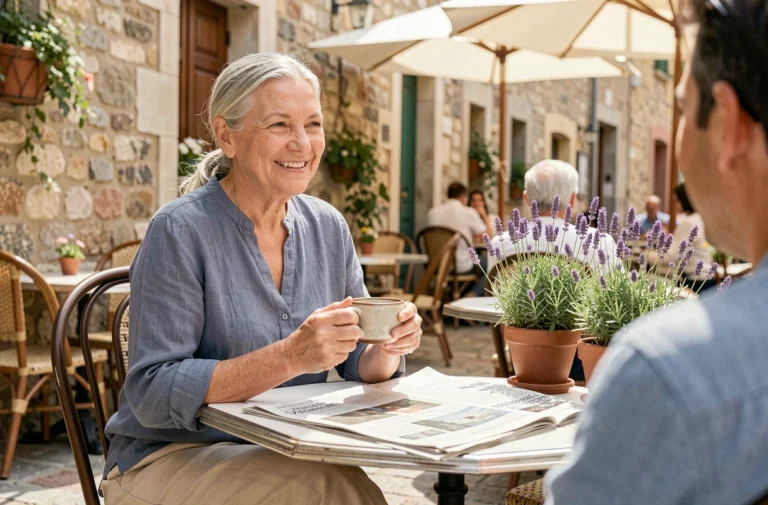 Une femme senior souriante savourant un café en terrasse dans un village provençal ensoleillé