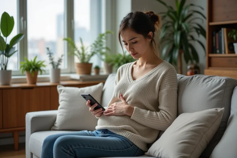 Femme préoccupée tenant son abdomen dans un salon moderne