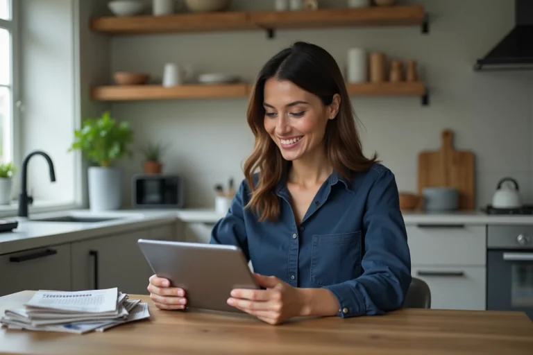 Femme assise à la cuisine avec une tablette